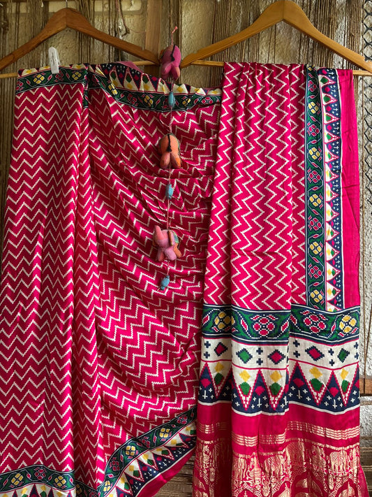 PINK LEHERIYA  MODAL SILK PATOLA SARI WITH ZARI BORDER