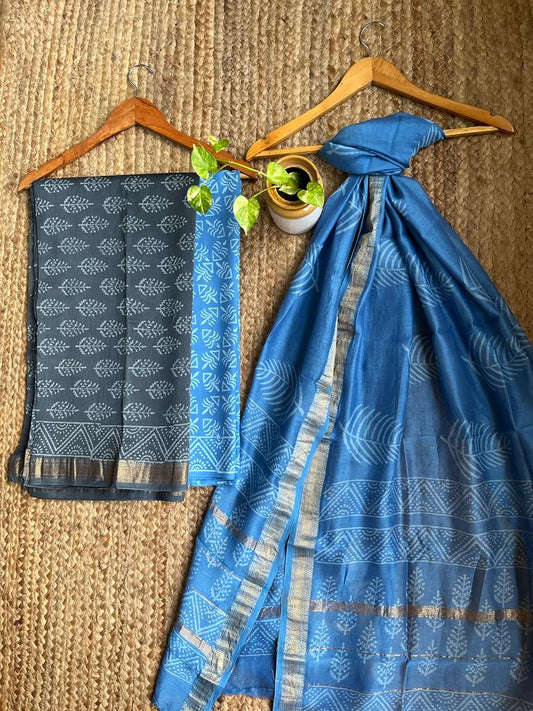 BLUE GREY MAHESWHARI SILK  HANDBLOCK SUIT SET