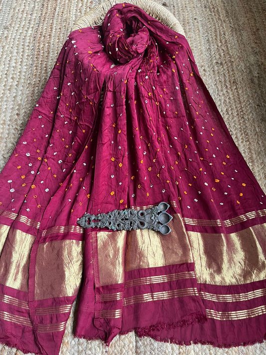 MAROON MODAL SILK BANDHANI DUPATTA WITH ZARI BORDER