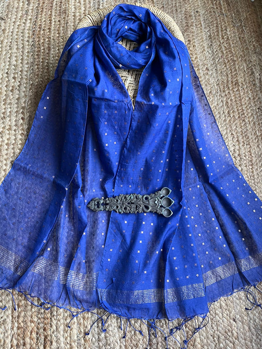 BLUE COTTON SILK HANDWOVEN SEQUENCE DUPATTA