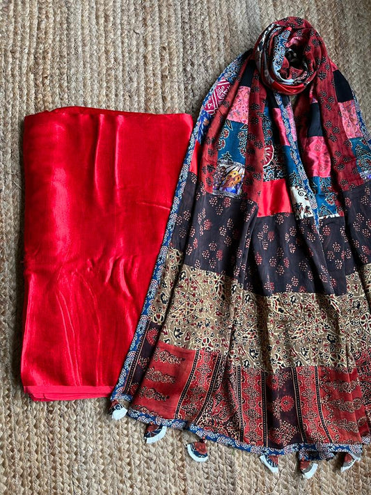 RED MASHRU KURTA WITH AJRAKH PATCHWORK DUPATTA