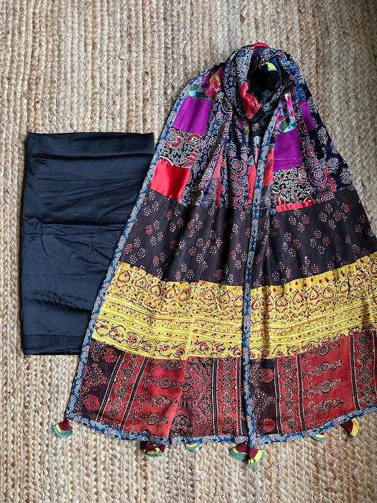 BLACK MASHRU KURTA WITH AJRAKH PATCHWORK DUPATTA