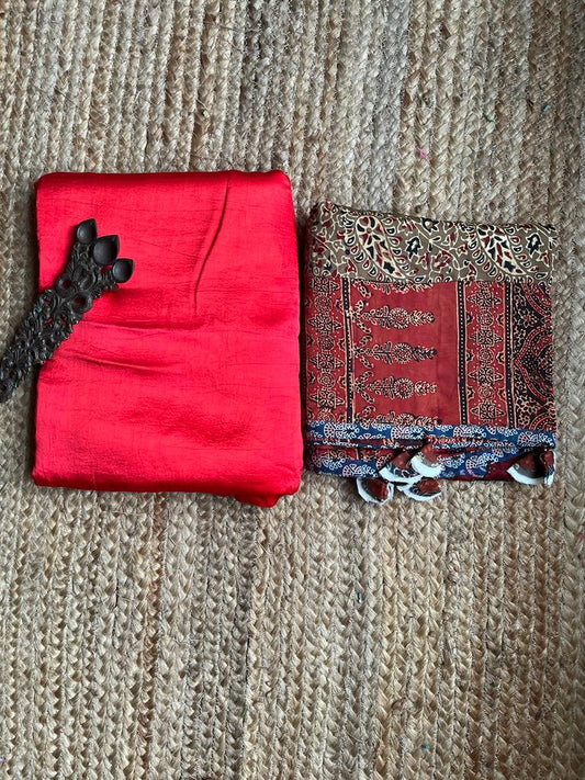 RED MASHRU KURTA WITH AJRAKH PATCHWORK DUPATTA