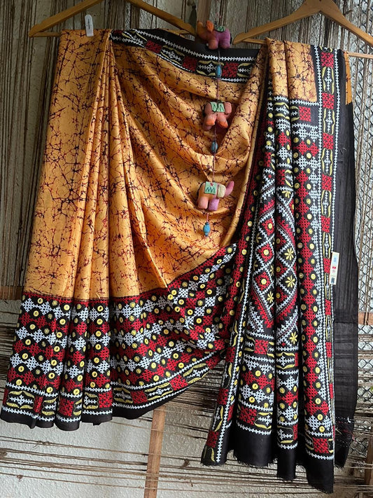 PURE SILK WITH HANDBATIK WITH GUJARATI HANDWORK SARI