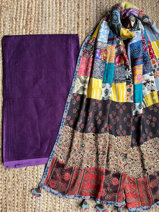 PURPLE MASHRU KURTA WITH AJRAKH PATCHWORK DUPATTA