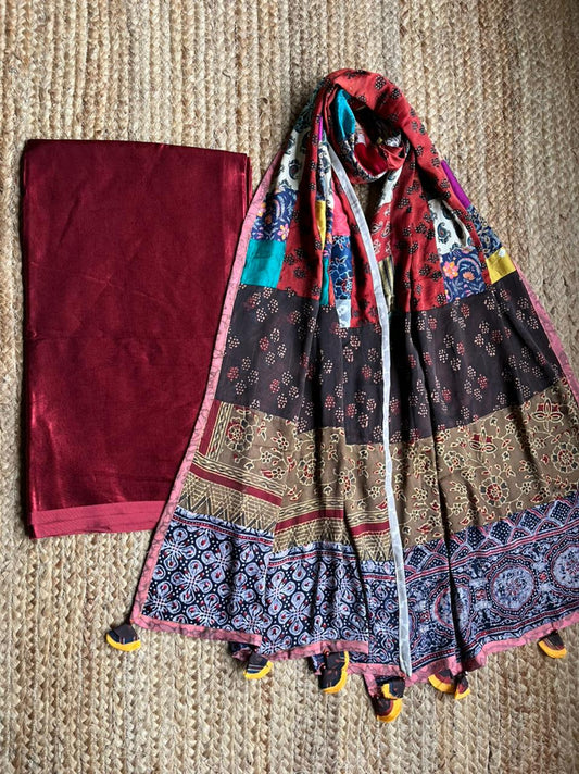 MAROON  MASHRU KURTA WITH AJRAKH PATCHWORK DUPATTA