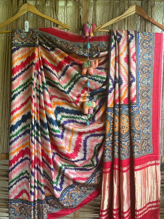 PEACH MULTICOLOR MODAL SILK PATOLA SARI WITH ZARI BORDER PMS-10114