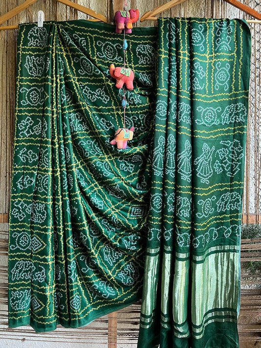 BOTTLE GREEN MODAL SILK PATOLA SARI WITH ZARI BORDER  PMS-10109