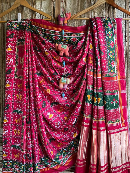 PINK & GREEN MODAL SILK PATOLA SARI WITH ZARI BORDER PMS-10104