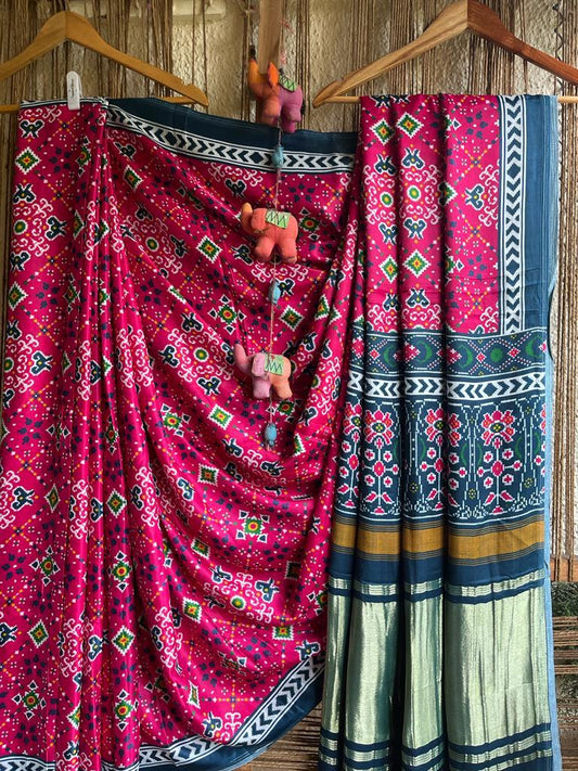 PINK & BLUE MODAL SILK PATOLA SARI WITH ZARI BORDER PMS- 1097