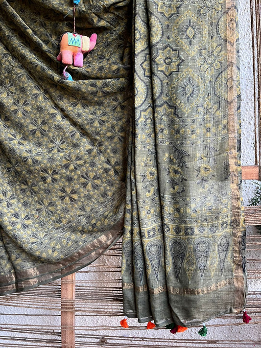 GREY MUSTARD KOTA SILzk AJRAK HANDBLOCK SARI