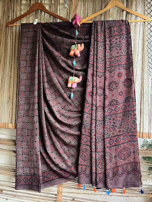 CHIKOO BROWN MULL COTTON  AJRAKH HAND CRAFTED SARI