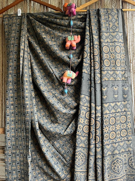 GREY MULL COTTON  AJRAKH HAND CRAFTED SARI