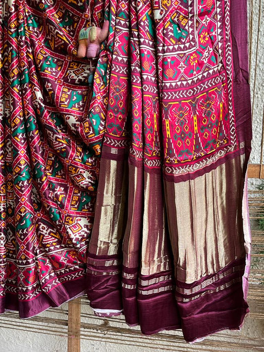 MAROON MODAL SILK PATOLA SARI WITH ZARI BORDER PMS- 1092