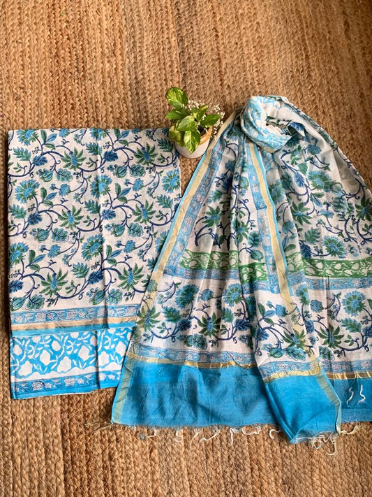 SKY BLUE CHANDERI SILK HANDLOOM HANDBLOCK SUIT SET