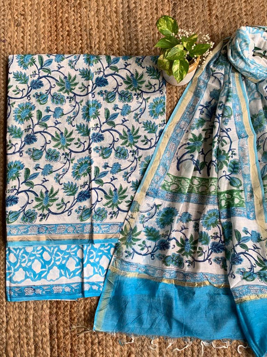 SKY BLUE CHANDERI SILK HANDLOOM HANDBLOCK SUIT SET