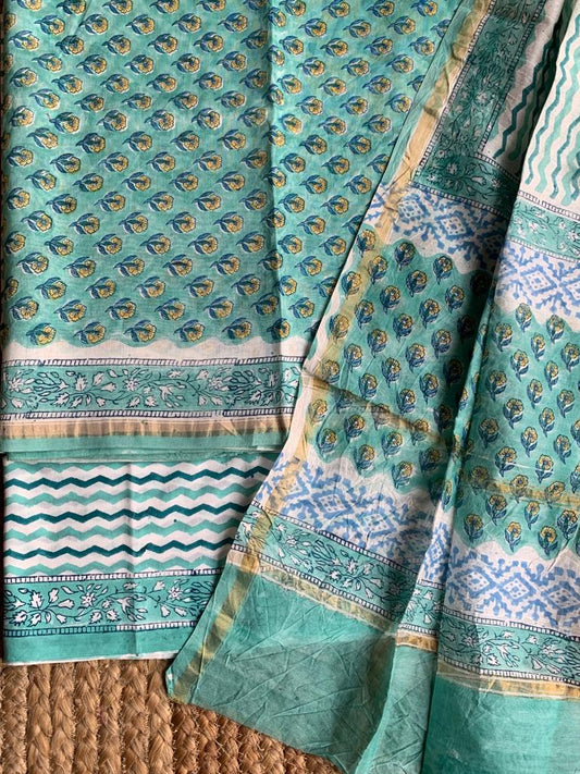 SEA GREEN CHANDERI SILK HANDLOOM HANDBLOCK SUIT SET