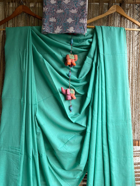 GREEN COTTON MULL HANDLOOM SARI