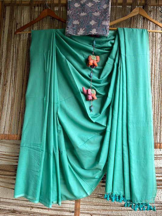 GREEN COTTON MULL HANDLOOM SARI