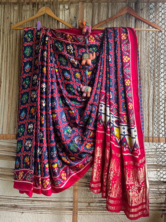 ROYAL BLUE PINK MODAL SILK PATOLA PRINT SARI WITH ZARI BORDER PMS- 1085