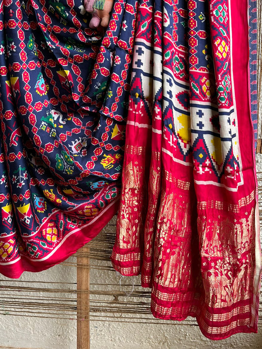 ROYAL BLUE PINK MODAL SILK PATOLA PRINT SARI WITH ZARI BORDER PMS- 1085