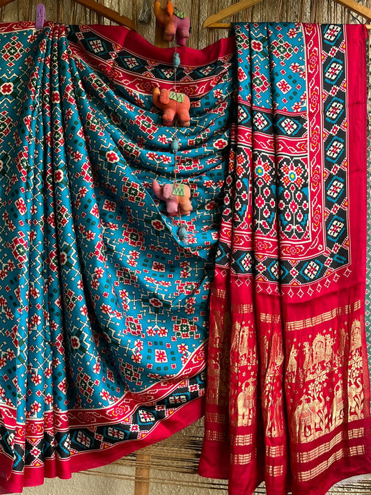 SEA BLUE PINK MODAL SILK PATOLA PRINT SARI WITH ZARI BORDER PMS- 1017