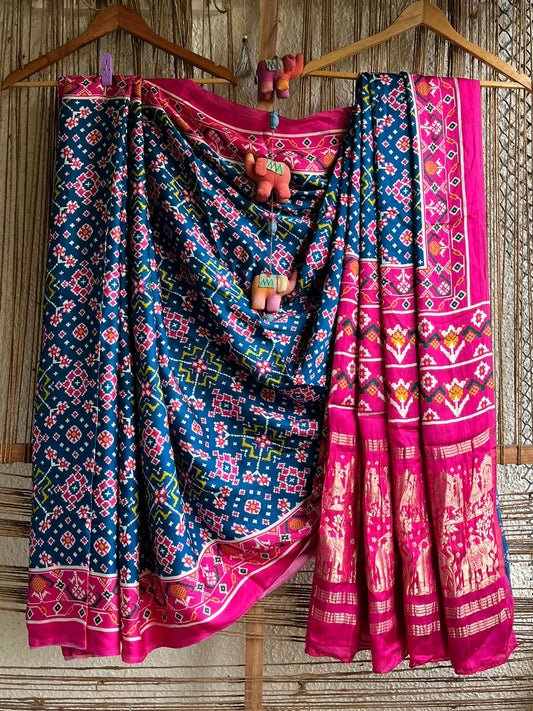SKY BLUE PINK MODAL SILK PATOLA PRINT SARI WITH ZARI BORDER PMS- 1083