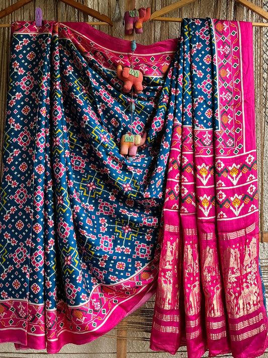 SKY BLUE PINK MODAL SILK PATOLA PRINT SARI WITH ZARI BORDER PMS- 1083