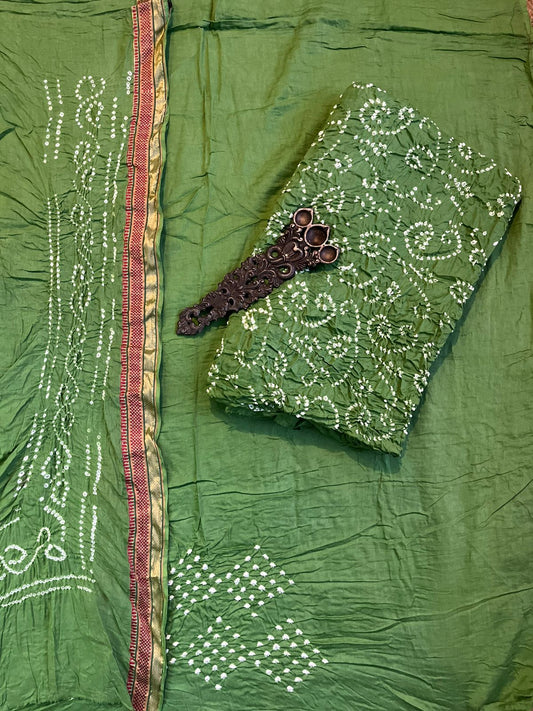 GREEN COTTON RAI BANDHANI SUIT SET