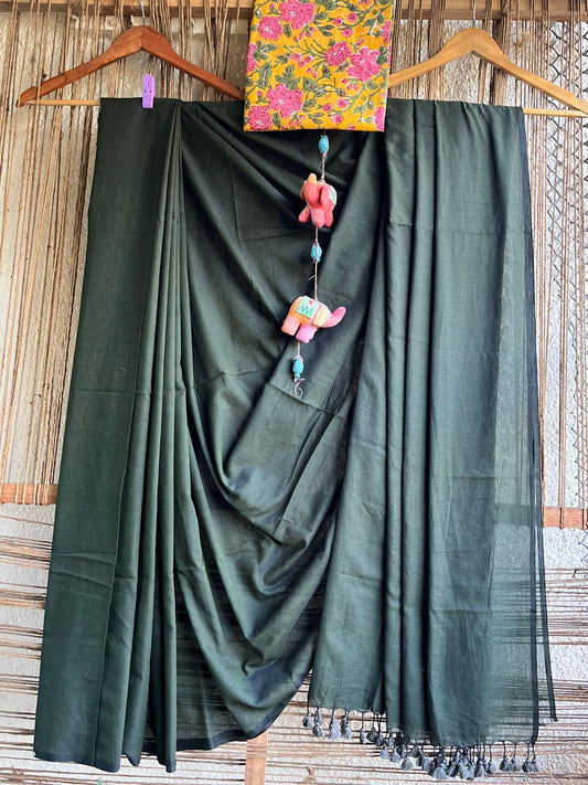 BOTTLE GREEN COTTON MULL HANDLOOM SARI