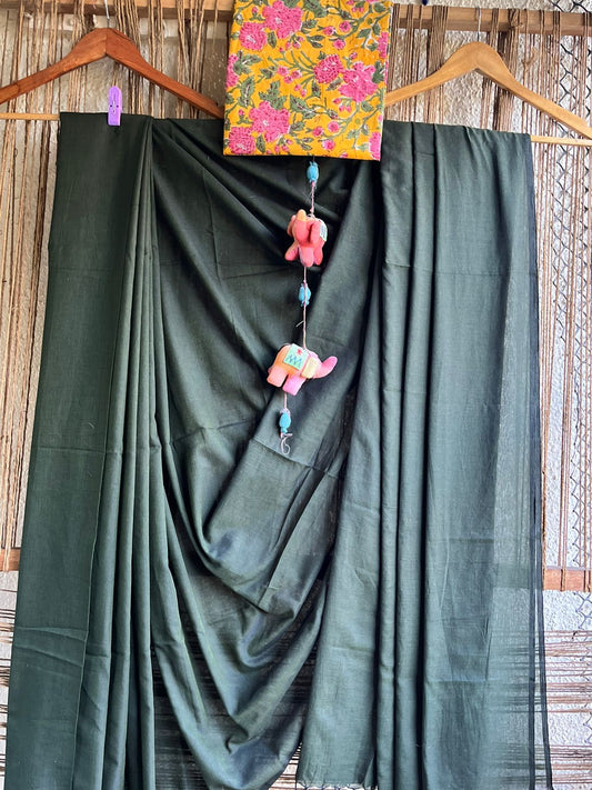 BOTTLE GREEN COTTON MULL HANDLOOM SARI