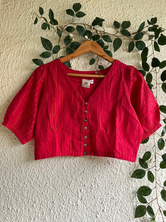 RED COTTON BLOUSE ZARI BLOUSE WITH WOODEN BUTTON