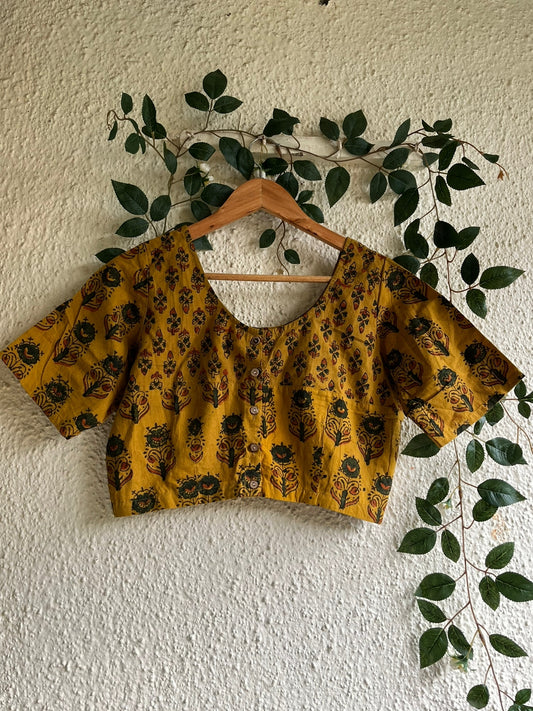 MUSTARD AJRAKH COTTON BLOUSE WITH WOODEN BUTTONS
