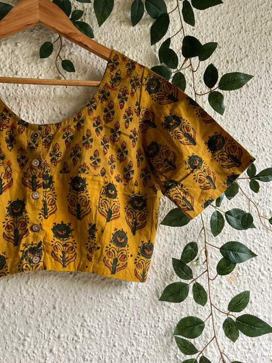 MUSTARD AJRAKH COTTON BLOUSE WITH WOODEN BUTTONS