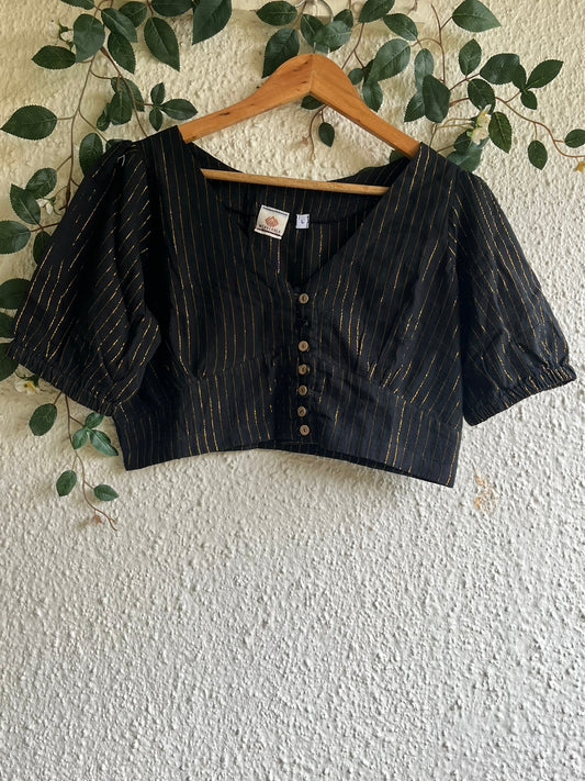 BLACK COTTON BLOUSE ZARI BLOUSE WITH WOODEN BUTTON