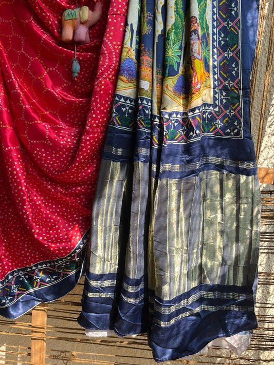 RED  BLUE  MODAL SILK PATOLA PRINT SARI WITH ZARI BORDER PMS- 1080