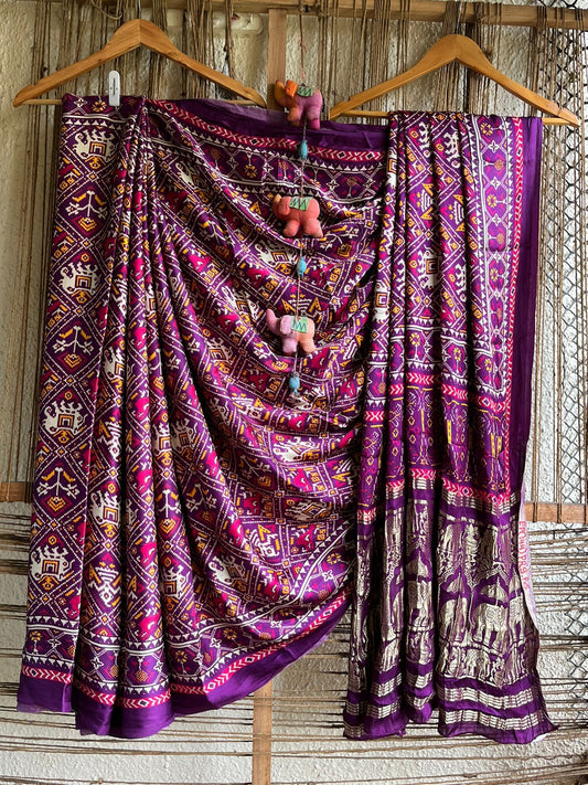 PURPLE PINK MODAL SILK PATOLA PRINT SARI WITH ZARI BORDER