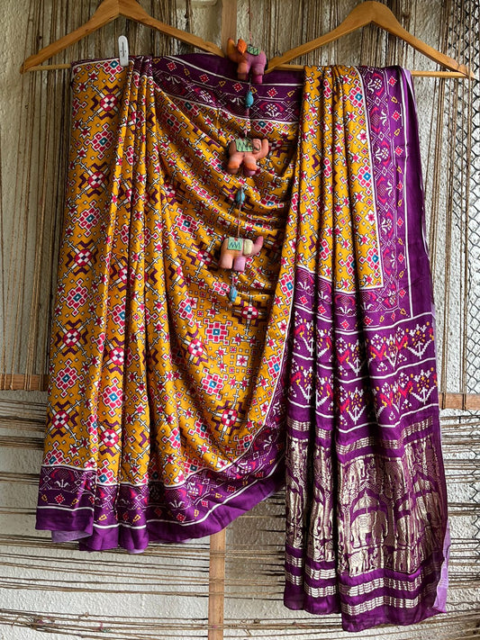 MUSTARD PURPLE MODAL SILK PATOLA PRINT SARI WITH ZARI BORDER