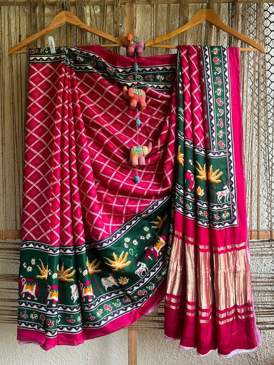 PINK PICHWAI  MODAL SILK PATOLA PRINT SARI WITH ZARI BORDER