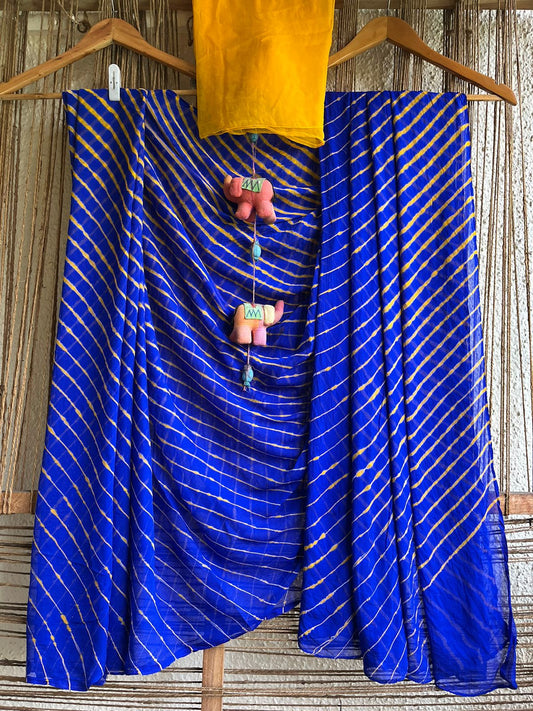 ROYAL BLUE  MULTI LEHERIYA HANDCRAFTED CHIFFON SARI