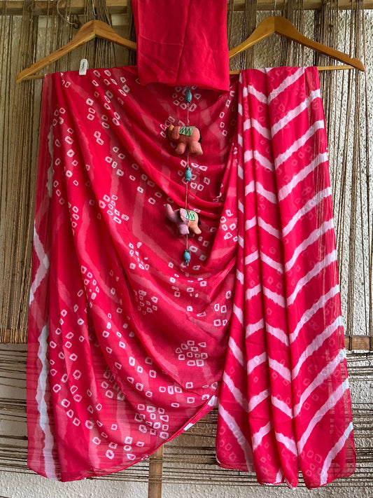 PEACH PINK LEHERIYA  BANDHANI CHIFFON SARI