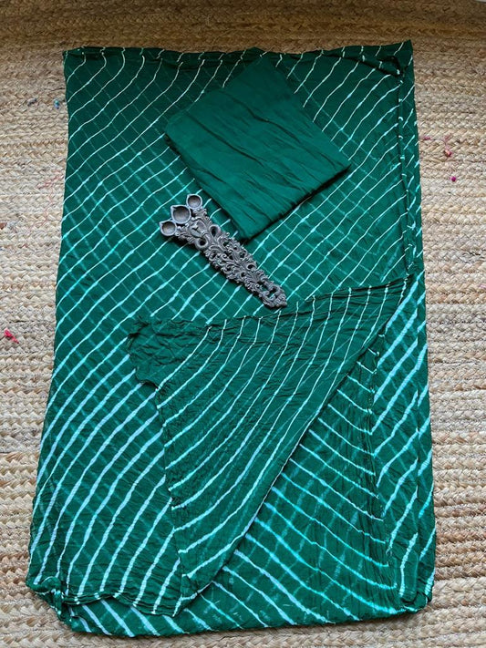 BOTTLE GREEN LEHERIYA HANDCRAFTED CHIFFON SARI CL-85