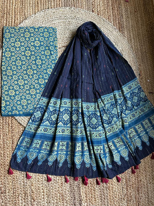 INDIGO AJRAKH HANDBLOCK COTTON KURTA WITH KANTHA AJRAKH DUPATTA