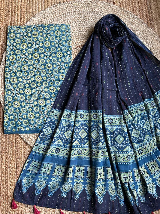 INDIGO AJRAKH HANDBLOCK COTTON KURTA WITH KANTHA AJRAKH DUPATTA