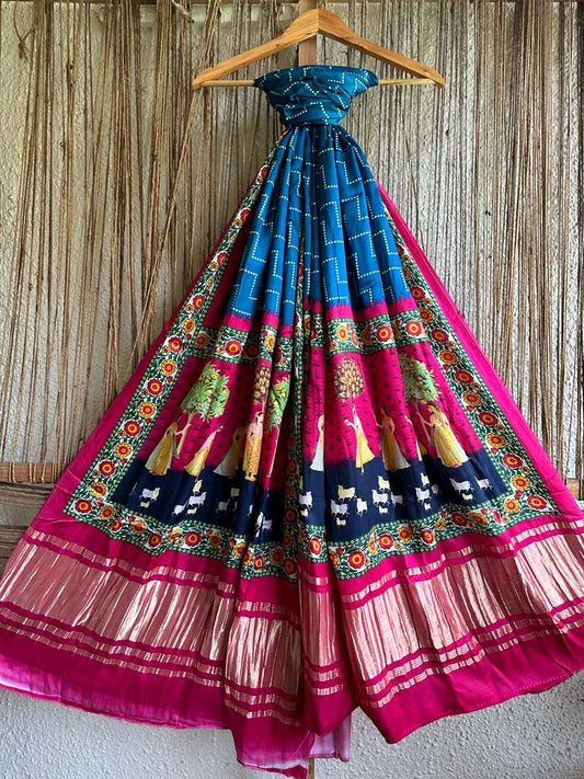 BLUE AND PINK PICHWAI PRINT PATOLA MODAL SILK DUPATTA