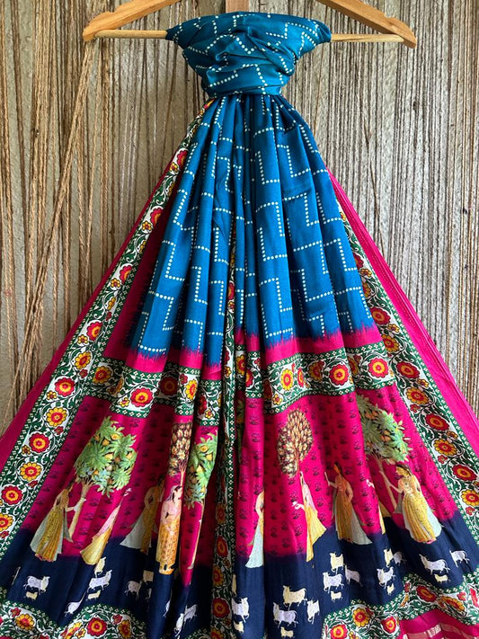 BLUE AND PINK PICHWAI PRINT PATOLA MODAL SILK DUPATTA