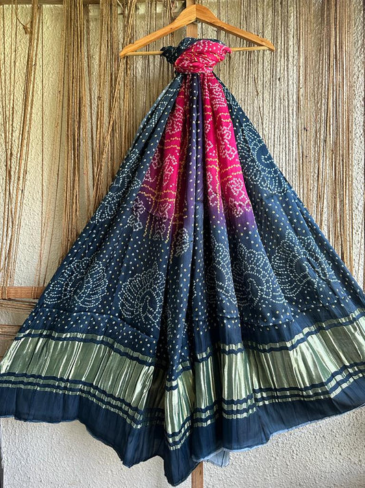 BLUE AND PINK BANDHANI PRINT PATOLA MODAL SILK DUPATTA