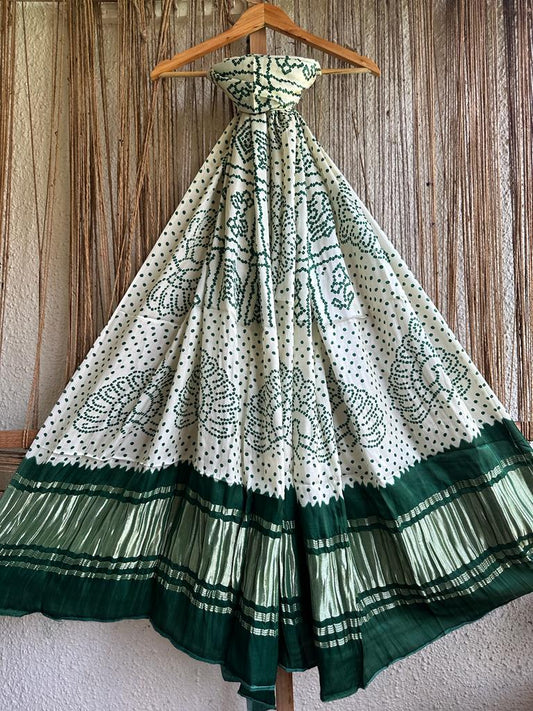 CREAM AND GREEN  BANDHANI PRINT PATOLA MODAL SILK DUPATTA