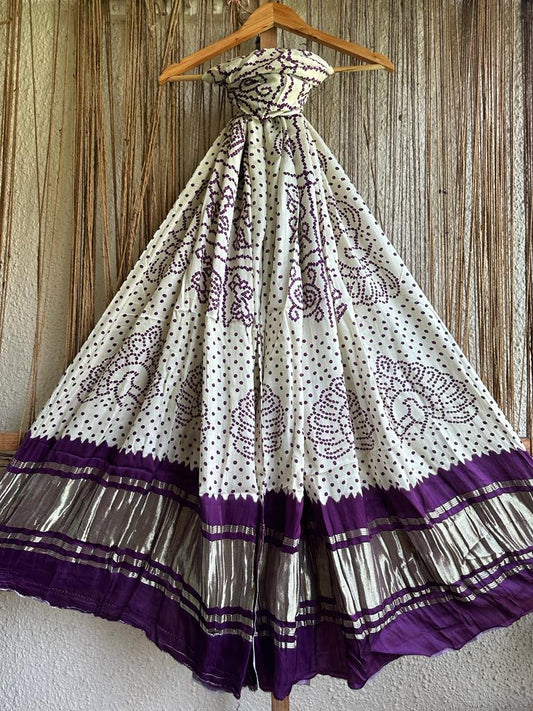 CREAM AND PURPLE BANDHANI PRINT PATOLA MODAL SILK DUPATTA