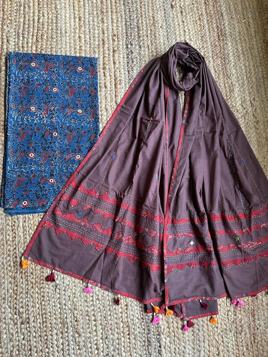 BLUE AND BROWN AJRAKH HANDBLOCK COTTON KURTA SET